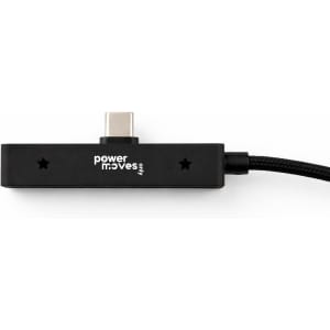 A black charging cable with a textured finish, featuring a logo and a USB-C connector.