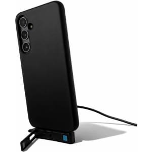 A black phone case with a built-in stand, featuring a charging cable connected to it.