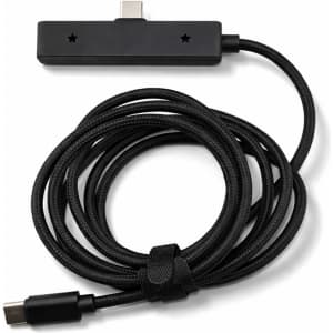 A black charging cable with a braided design and a USB-C connector. It features a branding logo on the connector.