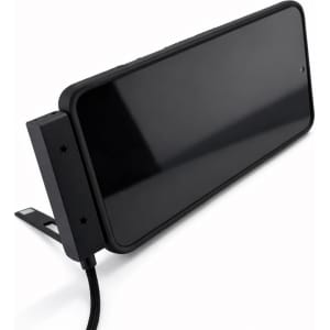 A charging cable in black, featuring a sleek design with a connector and a stand for easy usage.