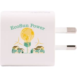 A white wall charger featuring a design with a logo and illustrations of eco-friendly elements.