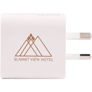 A wall charger designed for travel, featuring a white body with the logo "SUMMIT VIEW HOTEL" and a mountain graphic.