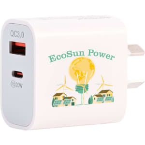 A white wall charger with two USB ports, featuring an eco-friendly design and a logo.
