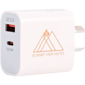 A white wall charger featuring a USB-C port and a logo, designed for phone and technology use.