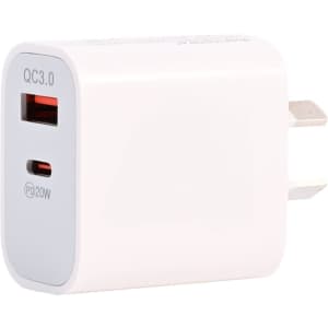 A white wall charger with a USB-C port and a plug for electrical outlets, featuring a small logo.
