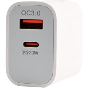 A white wall charger featuring a USB-A port and a USB-C port with a gray front.