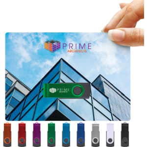 A swivel USB flash drive in various colors displayed against a card featuring a logo and a building background.