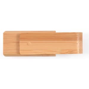 A bamboo USB flash drive with a smooth, natural finish and a simple design, featuring a logo.