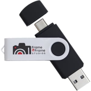A dual 8GB swivel USB flash drive in black with a white section featuring a logo.