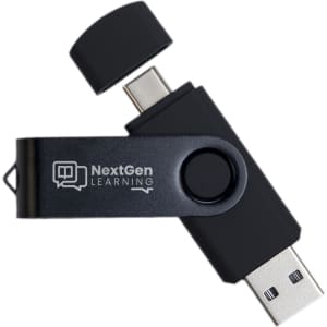 A black swivel USB flash drive with dual connectors, featuring a logo on the side.