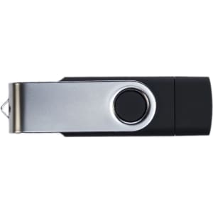 A swivel USB flash drive with a dual 8GB capacity, featuring a sleek black and silver design.