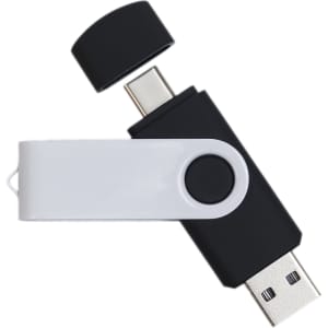 A black and white swivel USB flash drive featuring dual connectors. It has a plastic cap to cover the USB port.