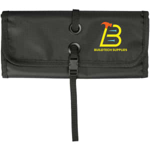 A black roll-up organizer bag with a clasp closure and brand logo "BUILDTECH SUPPLIES" prominently displayed.