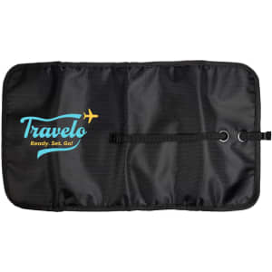 A black toiletry organizer featuring a logo and compartments for storing accessories.