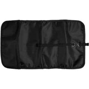 A black toiletry bag organizer with an open design, featuring various compartments and a closure mechanism.