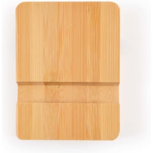A bamboo tablet and phone stand featuring a natural wood finish, designed for holding devices.