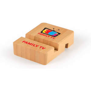A bamboo tablet and phone stand with the text "FAMILY TV" and a colorful television graphic printed on it.