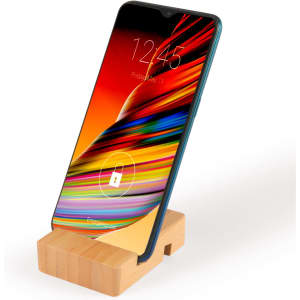 A bamboo tablet and phone stand with a smartphone displayed on it, featuring a colorful screen.