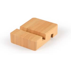 A bamboo tablet and phone stand designed for holding devices securely.