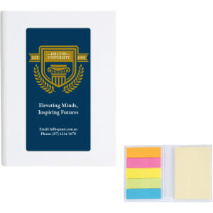 A set of sticky notes in various colours next to a white notebook featuring a logo and text.