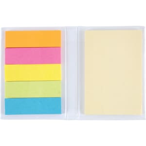 A set of sticky notes in various bright colours, including pink, orange, yellow, green, and blue, in a clear holder.