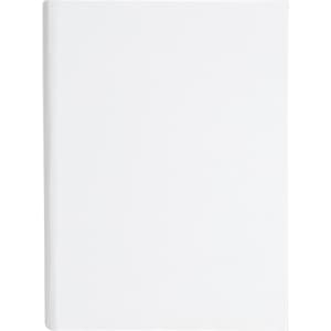 A plain white notebook with a smooth cover, featuring rounded edges and no visible branding.