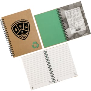 A brown spiral-bound notebook with green and white pages and a logo on the cover, featuring recycled symbols.