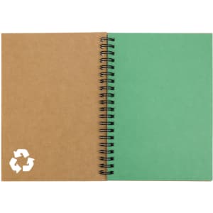 A spiral-bound notebook with a brown cover and a green interior, featuring a recycling logo on the front.
