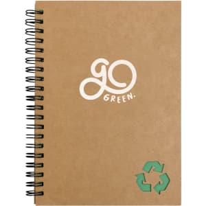 A brown spiral-bound notebook with a green recycling symbol and a logo on the cover.