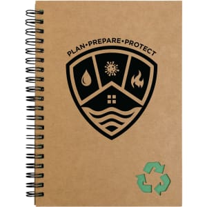 A brown spiral-bound notebook with a shield design and a recycling symbol at the bottom.