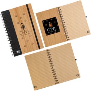 A bamboo spiral A5 notebook featuring a natural wood finish, with lined pages and a logo on the cover.