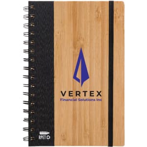 A bamboo and fabric-covered A5 notebook featuring a spiral binding and a logo for Vertex Financial Solutions Inc.
