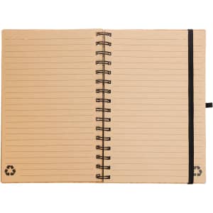 A Pacifica Spiral A5 Notebook featuring lined pages and a recyclable design, with a black elastic band for closure.