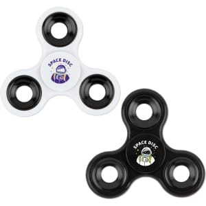 A set of two fidget spinners in black and white, featuring logos on the centre disc.
