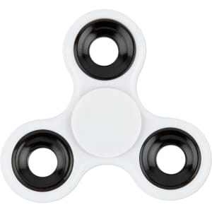 A fidget spinner with three arms, featuring a white body and black rings around each of the spinning sections.