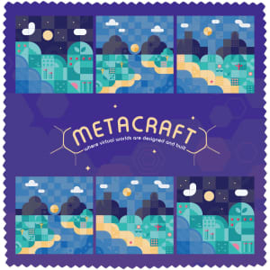 A purple microfibre lens cloth featuring a whimsical landscape design with buildings, trees, and clouds. It includes branding.