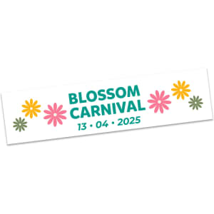 A rectangular temporary tattoo featuring colourful flowers in pink, yellow, and green, with the text "Blossom Carnival 13 04 2025."
