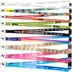 A collection of various lanyards in vibrant colours, featuring different designs and logos.