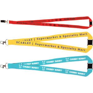 Three woven lanyards in red, yellow, and blue, each featuring different branding and clips for attachments.