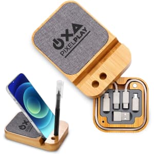 A bamboo and gray charging station set with multiple connectors, a pen holder, and space for a phone.