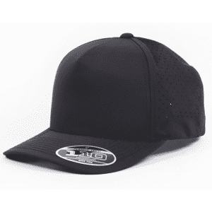 A black perforated cap with a curved brim and a branded logo on the side.