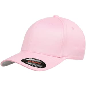 A pink cap with a curved brim and a logo on the front. The cap features a fitted design.