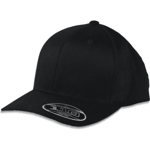 A black adjustable cap with a curved brim and a logo on the front.