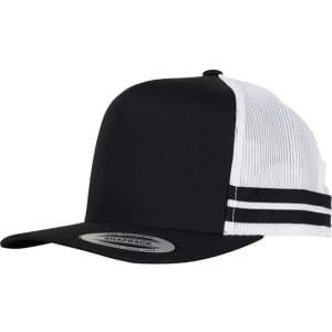 A black and white striped trucker cap featuring a solid front and mesh back, with an adjustable snapback closure.