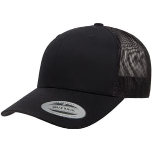 A black classic retro trucker cap with a solid front and mesh back, featuring a logo on the side.