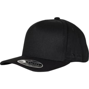 A black 110A FLEXFIT® 110 cap featuring a curved brim and a logo on the side.