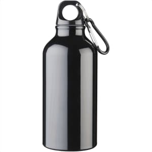 A drink bottle in black with a carabiner attachment, featuring a sleek, shiny finish.