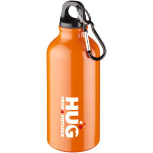 A drink bottle in bright orange, featuring a black carabiner and a logo on its side.
