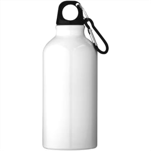 A drink bottle in white with a black cap and a carabiner attached for carrying convenience.