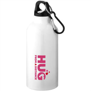 A drink bottle in white with a carabiner, featuring a pink logo and text design.